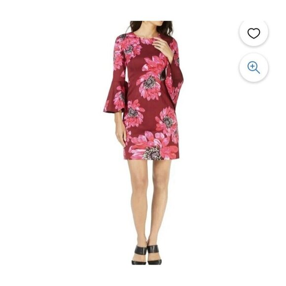 Trina Turk Splendid Dress Size 4 Bell Sleeve Fit Flare Burgundy Red Floral Luxe - Picture 1 of 16
